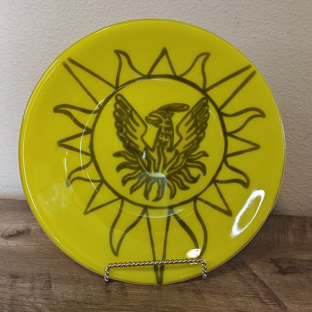 Neon Yellow Ceramic Plate Phoenix‎ Sun Hand Painted Art Decorative Wall Decor